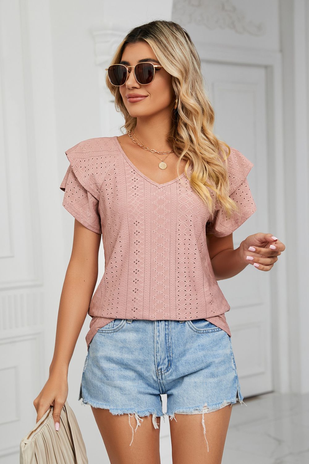 Eyelet Layered Flutter Sleeve V-Neck Knit Top