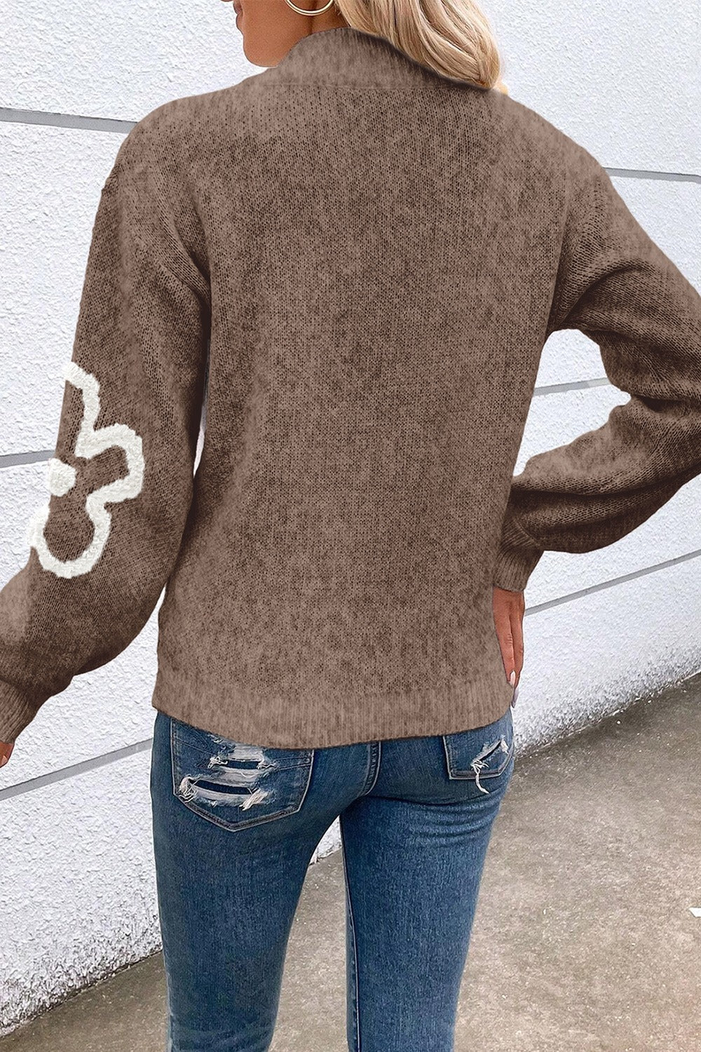 Full Size Flower Half Zip Dropped Shoulder Sweater