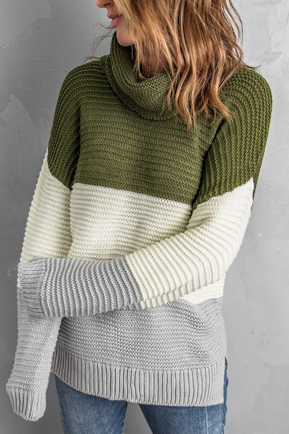 Color Block Turtleneck Long Sleeve Sweater