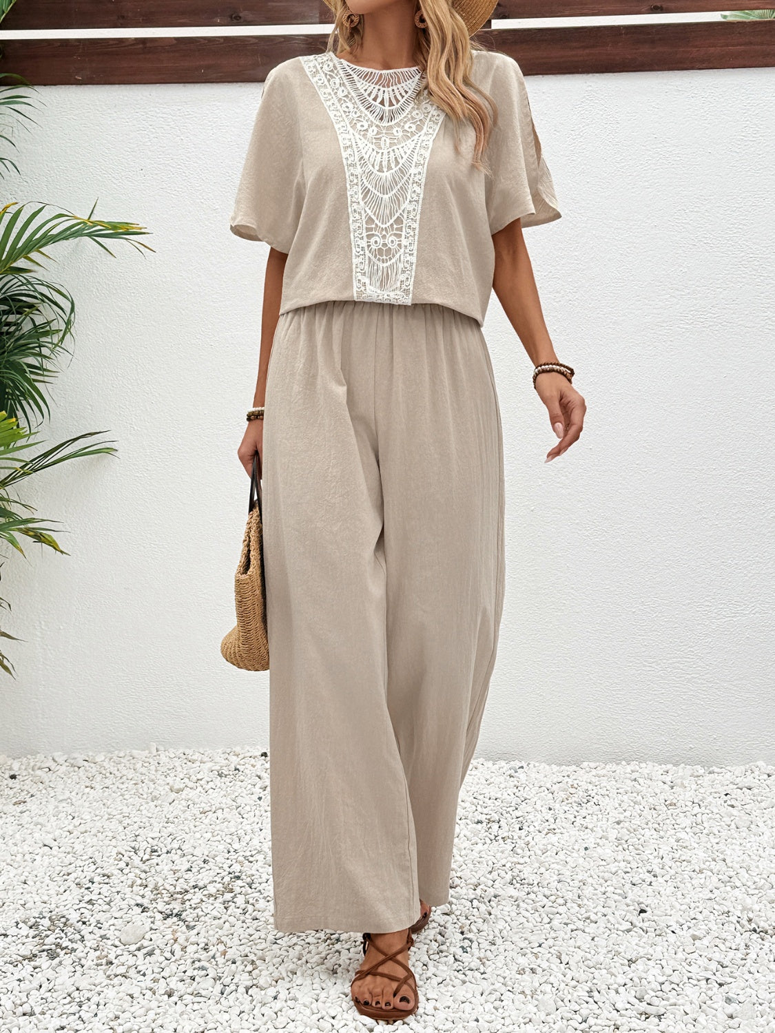 Honey Lace Detail Round Neck Top and Pants Set