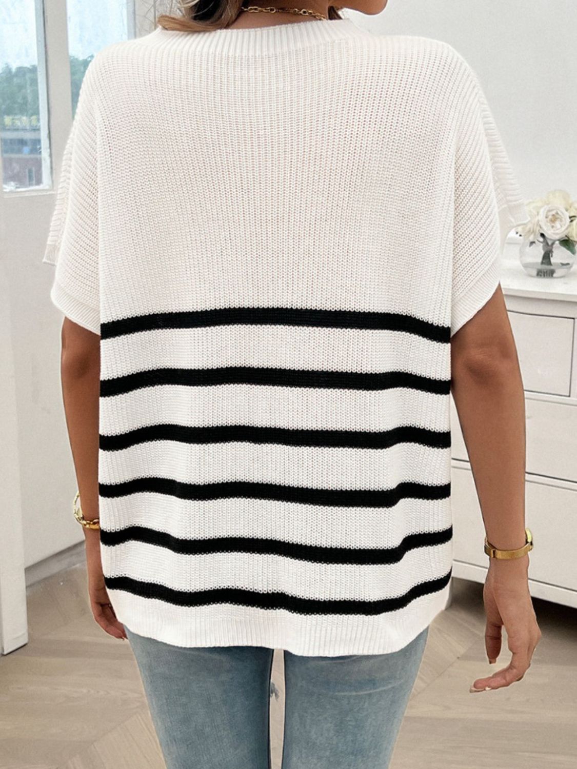 Devine Striped Round Neck Short Sleeve Sweater