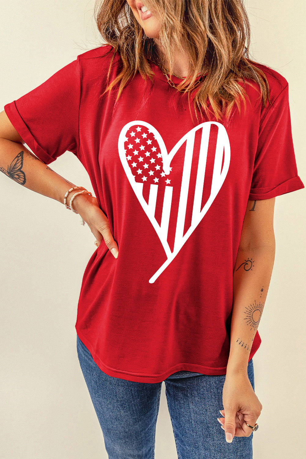 Full Size Heart Round Neck Short Sleeve T-Shirt