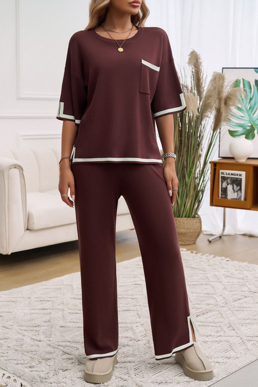 Devine Contrast Trim Half Sleeve Top and Pants Set