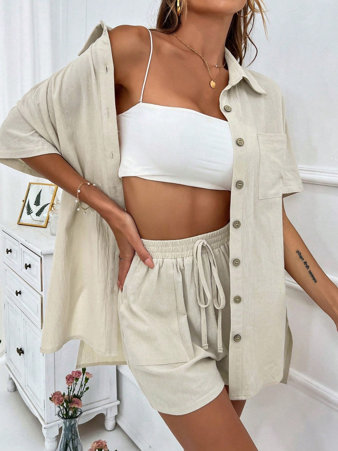 Button Up Half Sleeve Top and Shorts Set