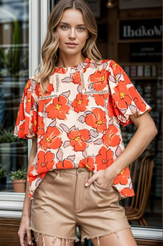 Full Size Printed Round Neck Caramel Short Sleeve Blouse