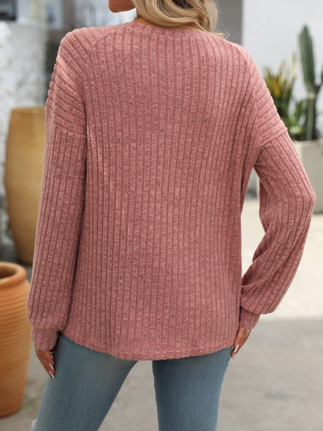 Full Size Decor Button Long Sleeve Ribbed T-Shirt