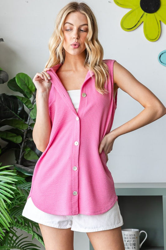 Heimish Full Size Pink Texture Button Up Sleeveless Top