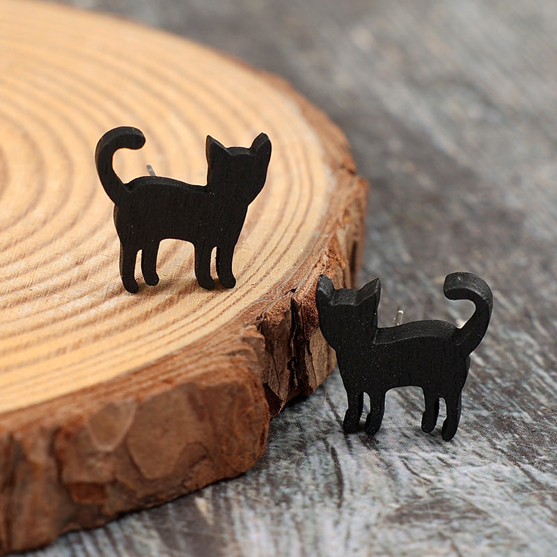 Cat Wooden Alloy Earrings