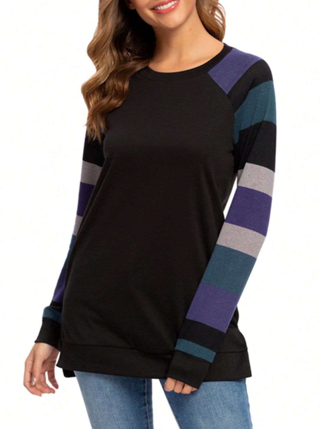 Color Block Round Neck Long Sleeve T-Shirt