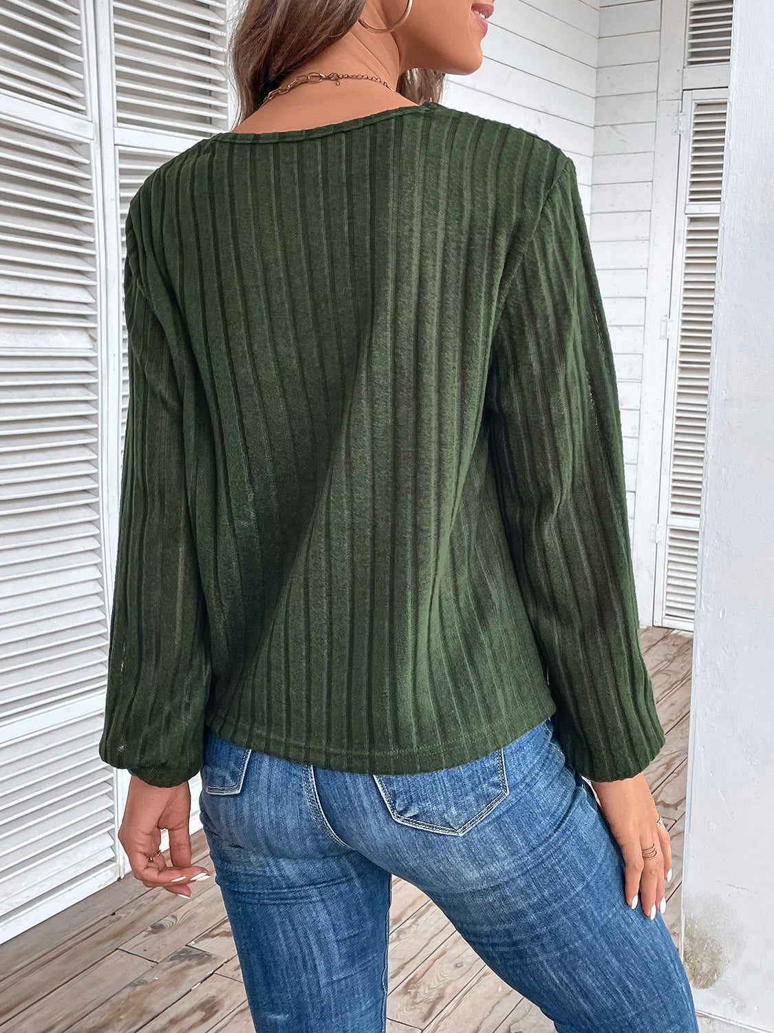 Twisted V-Neck Buttoned Long Sleeve T-Shirt