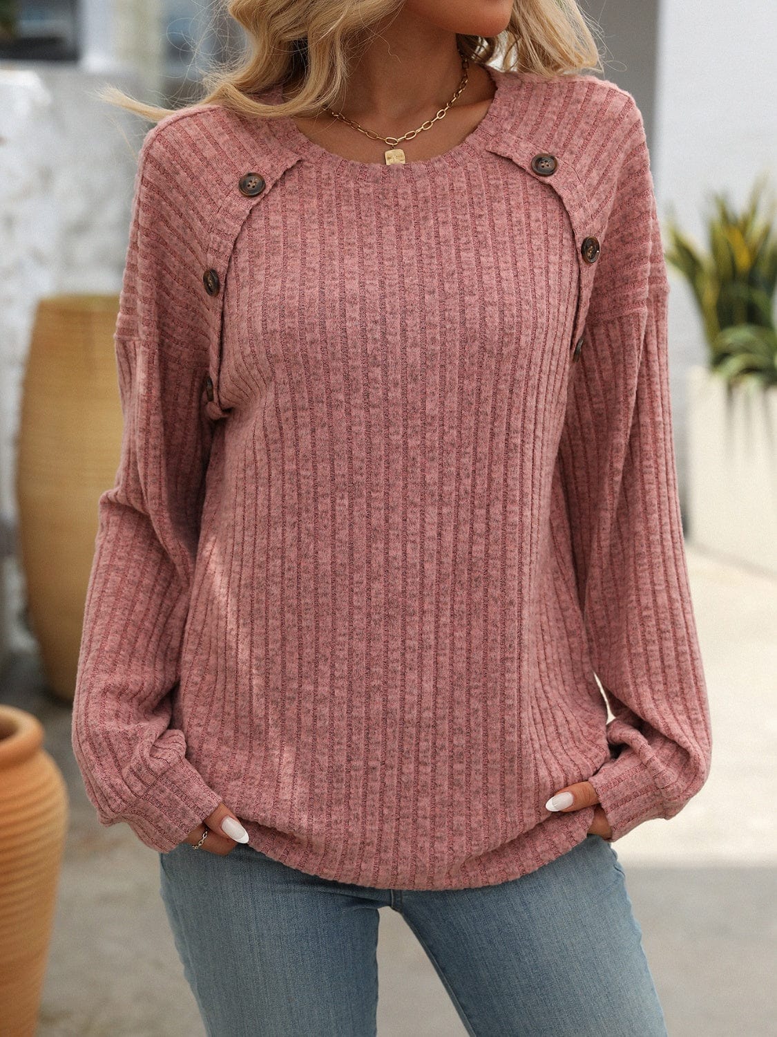 Full Size Decor Button Long Sleeve Ribbed T-Shirt