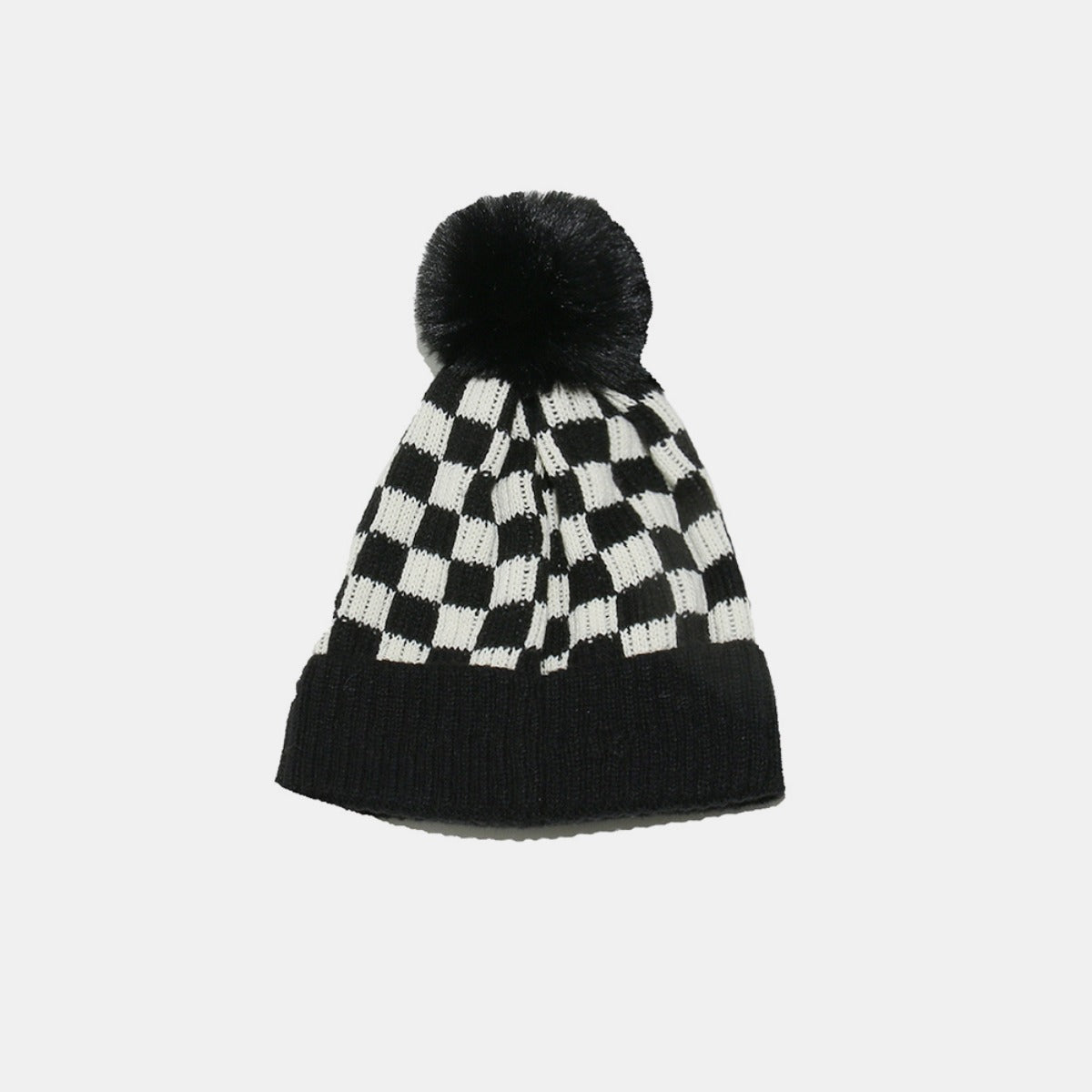 Checkered Knit Hat with Pompom