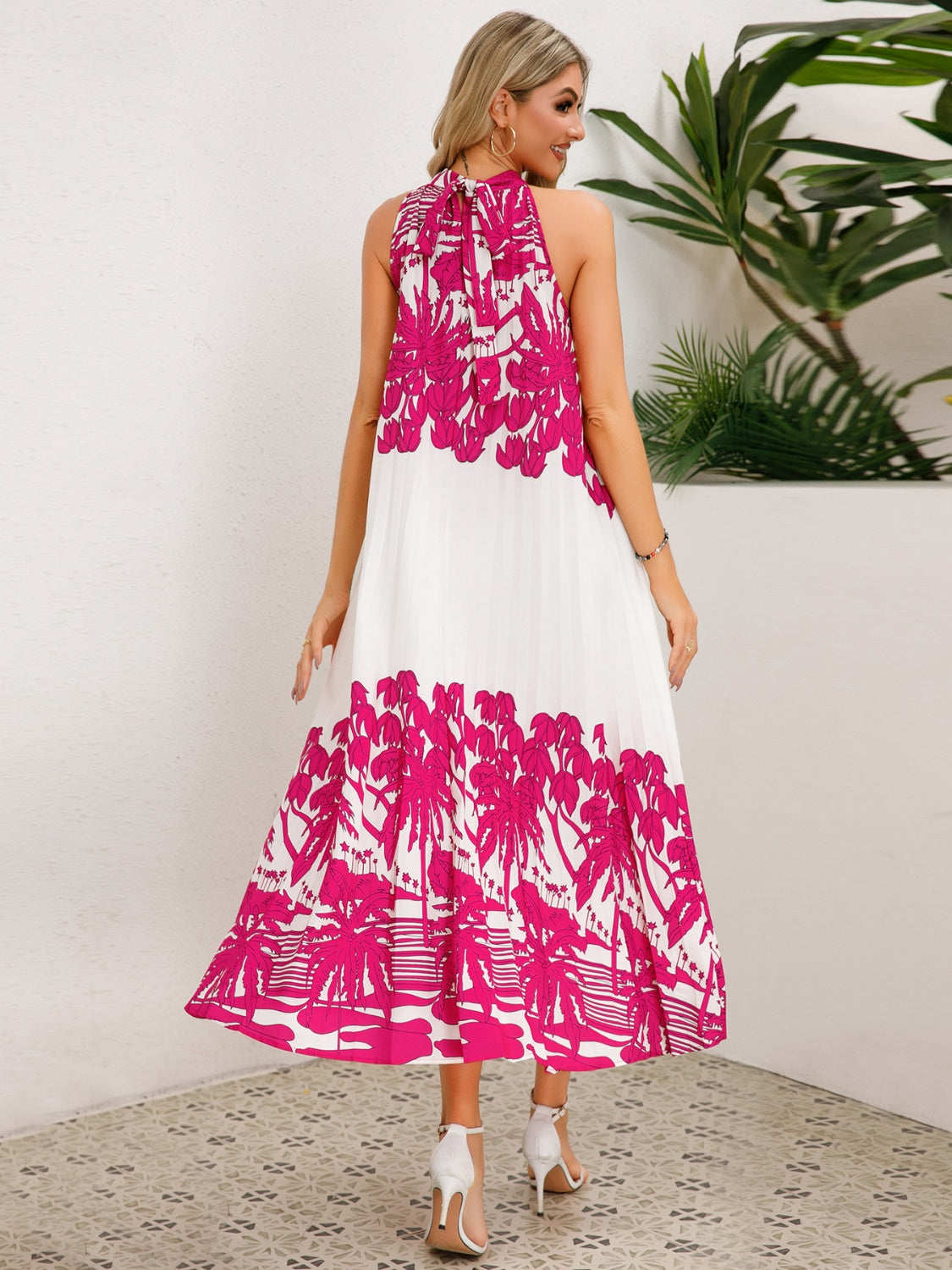 Full Size Tied Printed Sleeveless Midi Dress