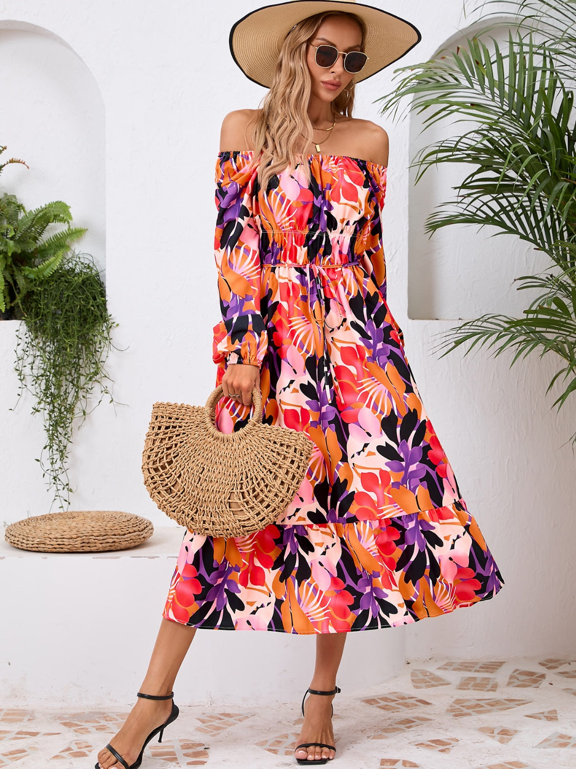 Full Size Printed Long Sleeve Midi Dress