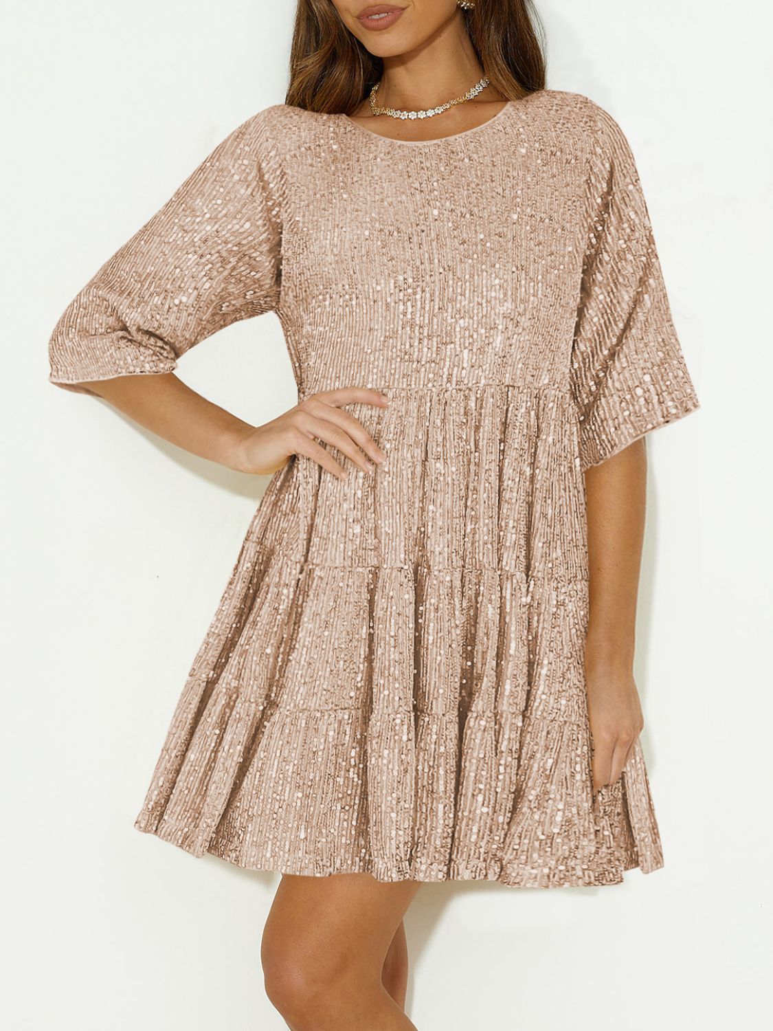 Sequin Round Neck Half Sleeve Mini Dress