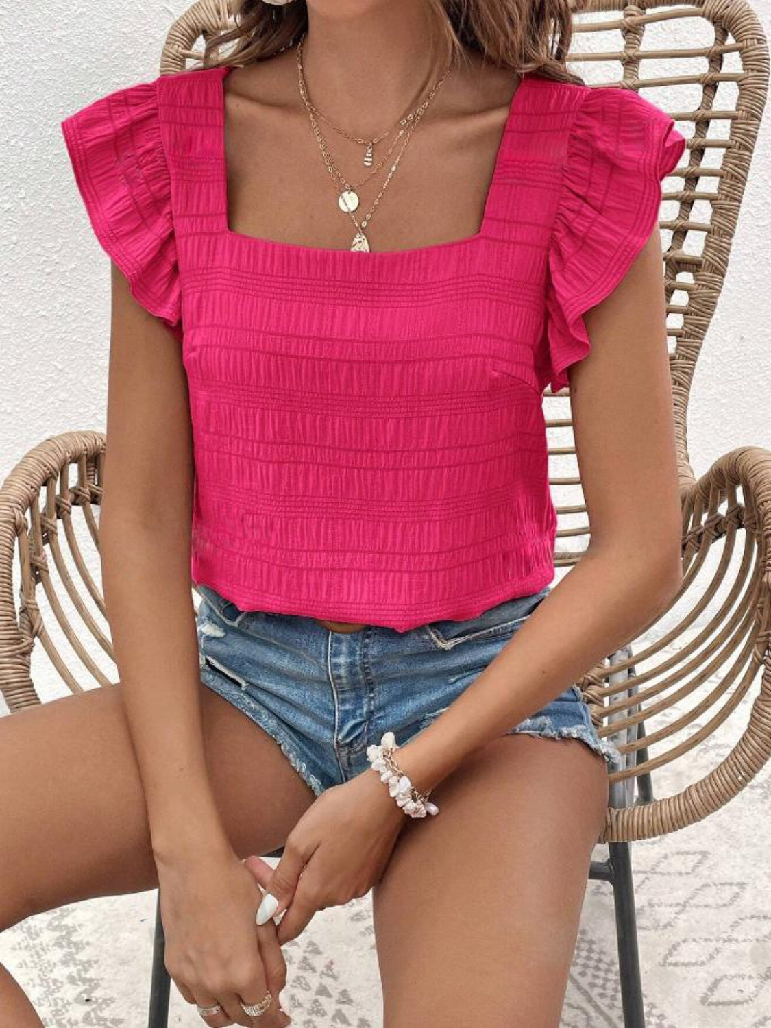 Ruffled Square Neck Cap Sleeve Blouse