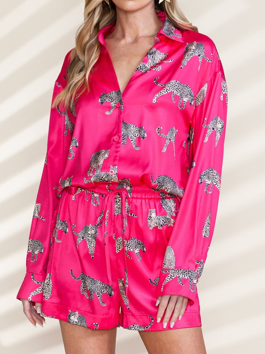 Hot Pink Animal Button Up Shirt and Shorts Set