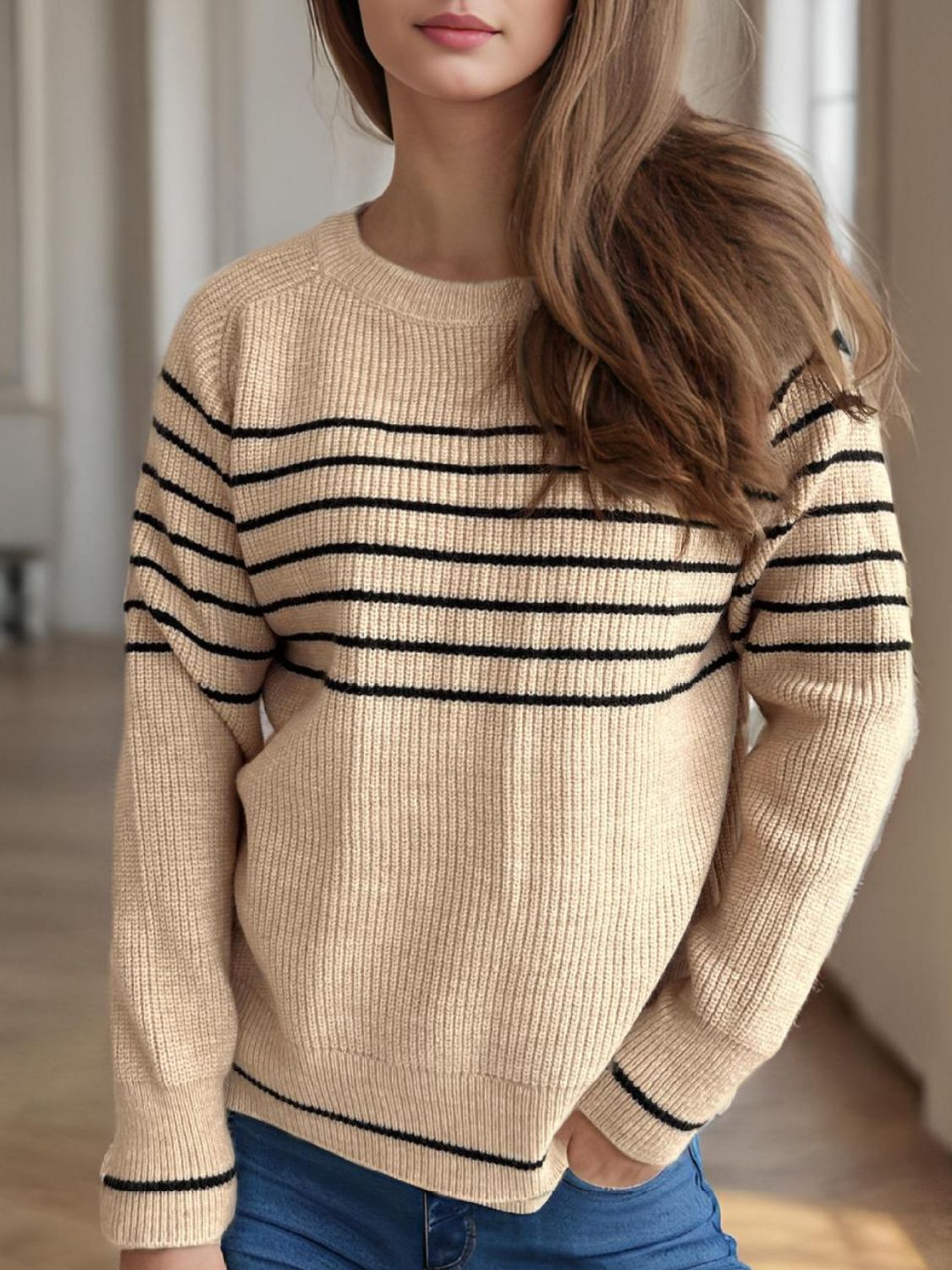 Striped Round Neck Long Sleeve Sweater