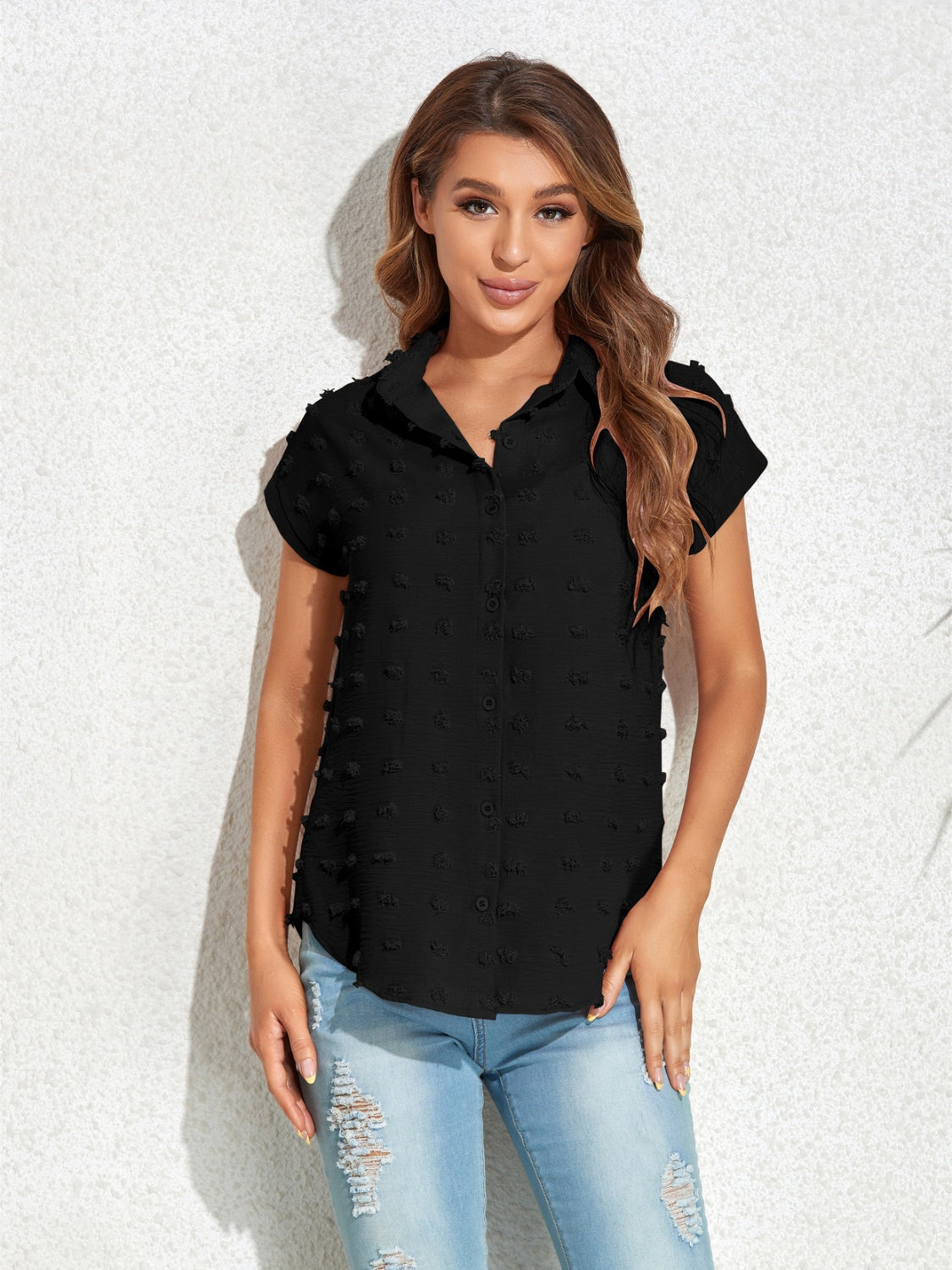 Swiss Dot Button Up Cap Sleeve Shirt