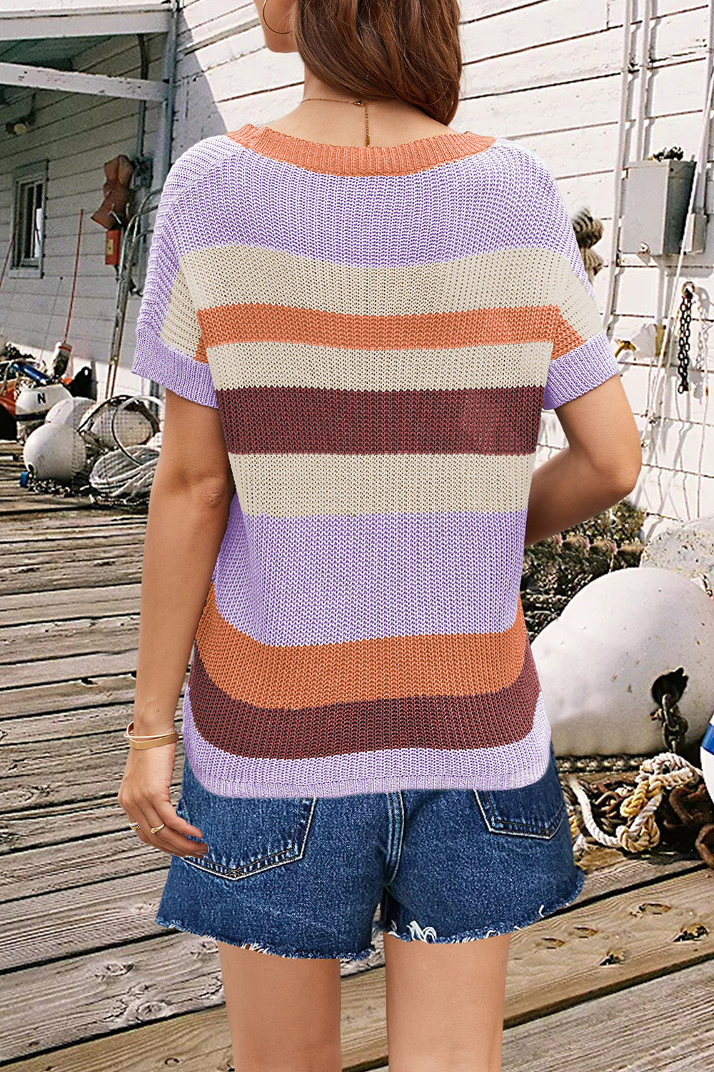 Striped Round Neck Short Sleeve Knit Top