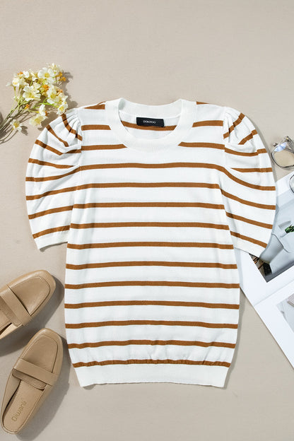 Striped Round Neck Puff Sleeve Knit Top