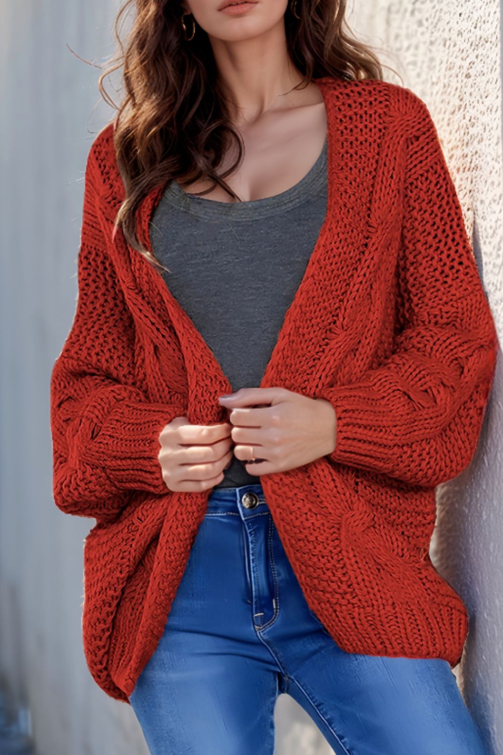 Cable-Knit Open Front Cardigan