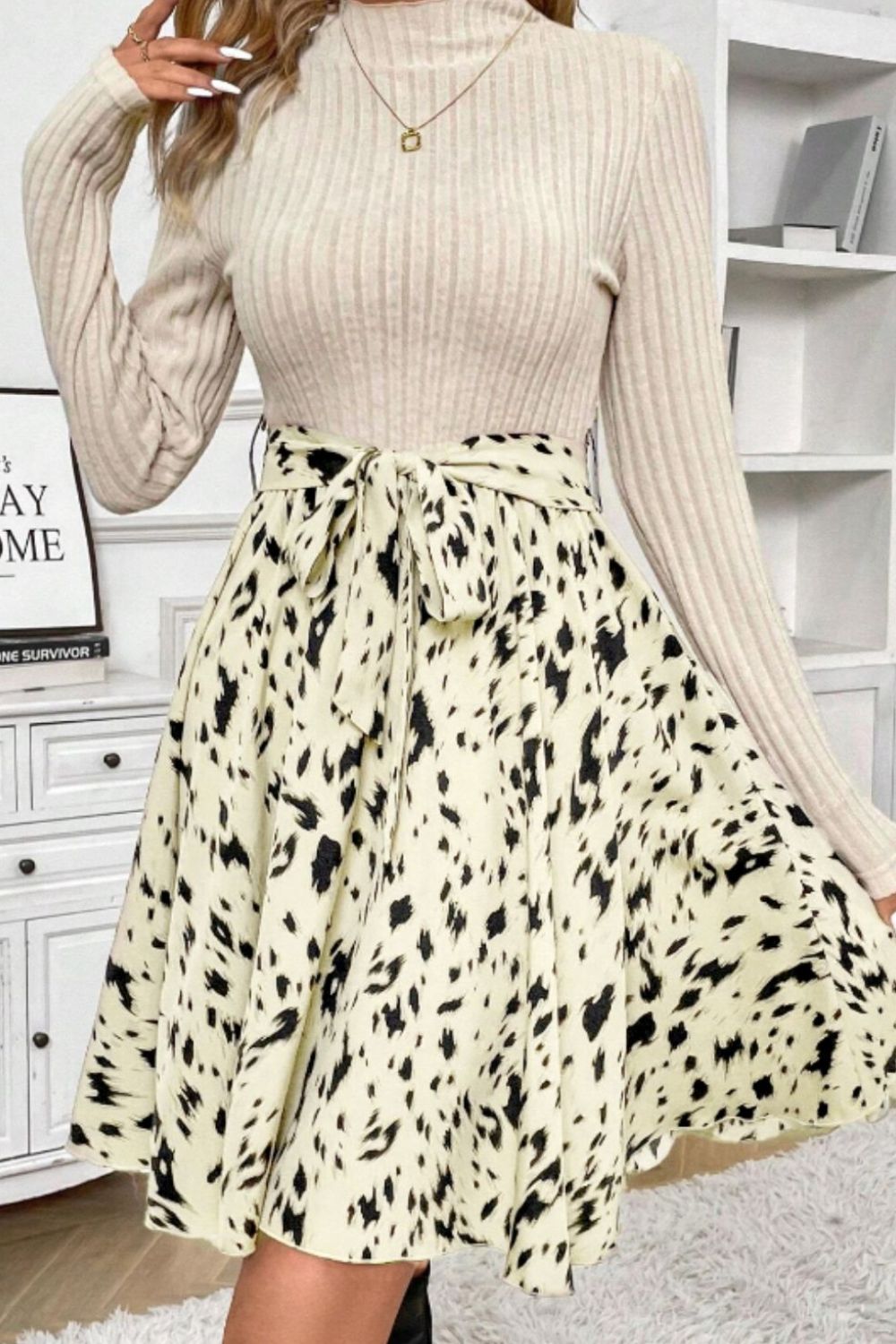 Printed Tie Waist Mock Neck Long Sleeve Dress