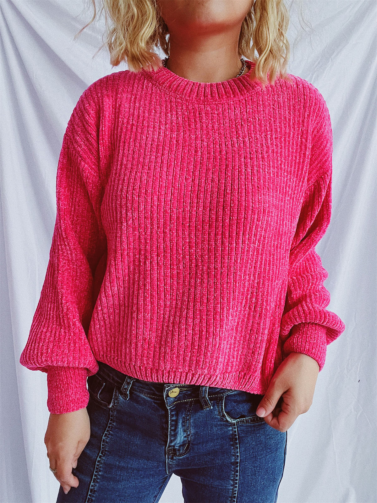 Round Neck Dropped Shoulder Long Sleeve Sweater