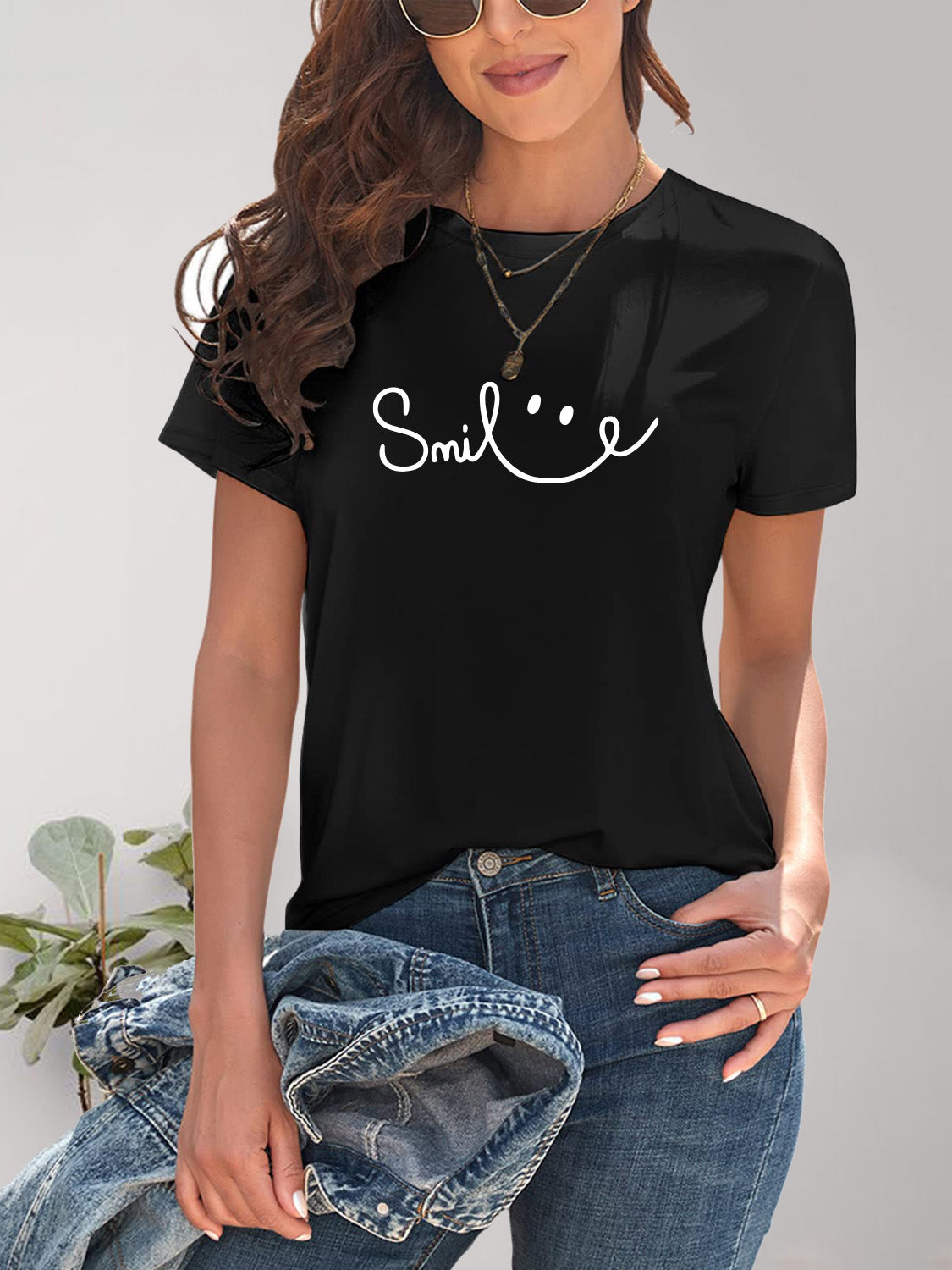 Full Size SMILE Round Neck Short Sleeve T-Shirt