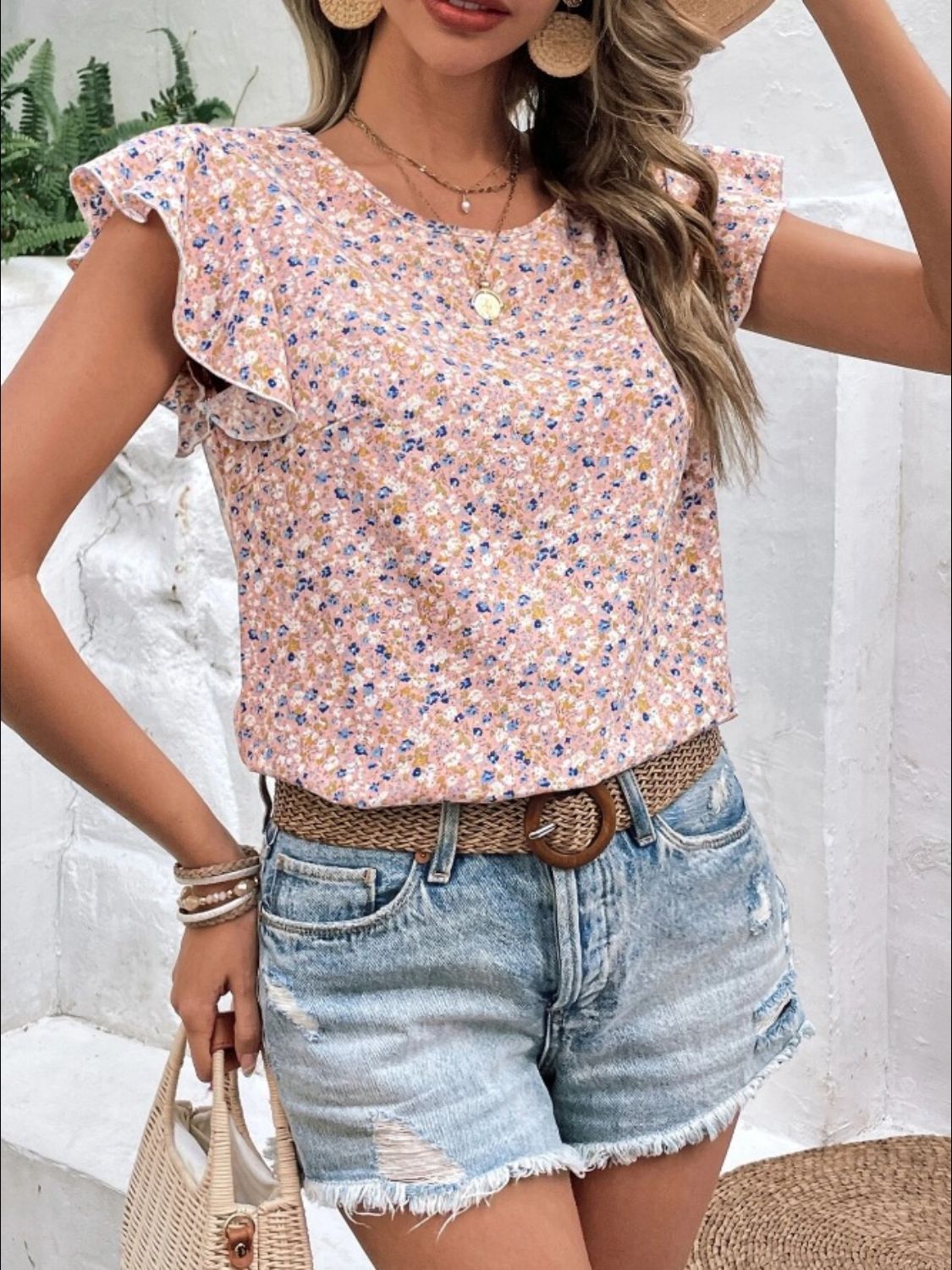 Full Size Ditsy Floral Round Neck Cap Sleeve Top