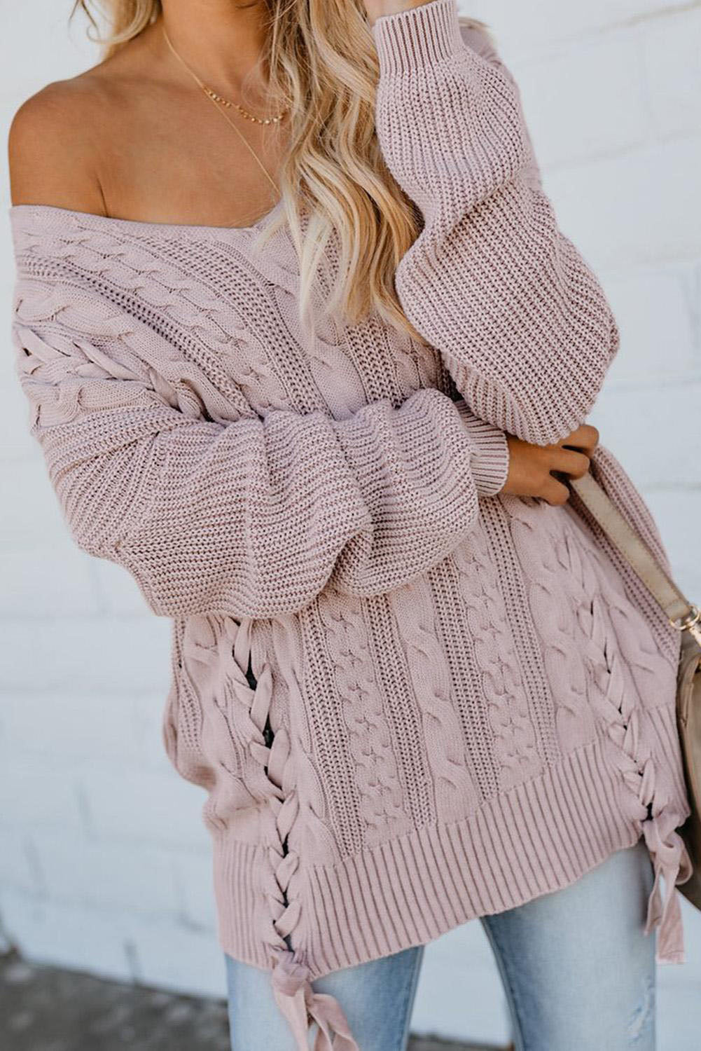 Cable Knit Lace Up V-Neck Sweater