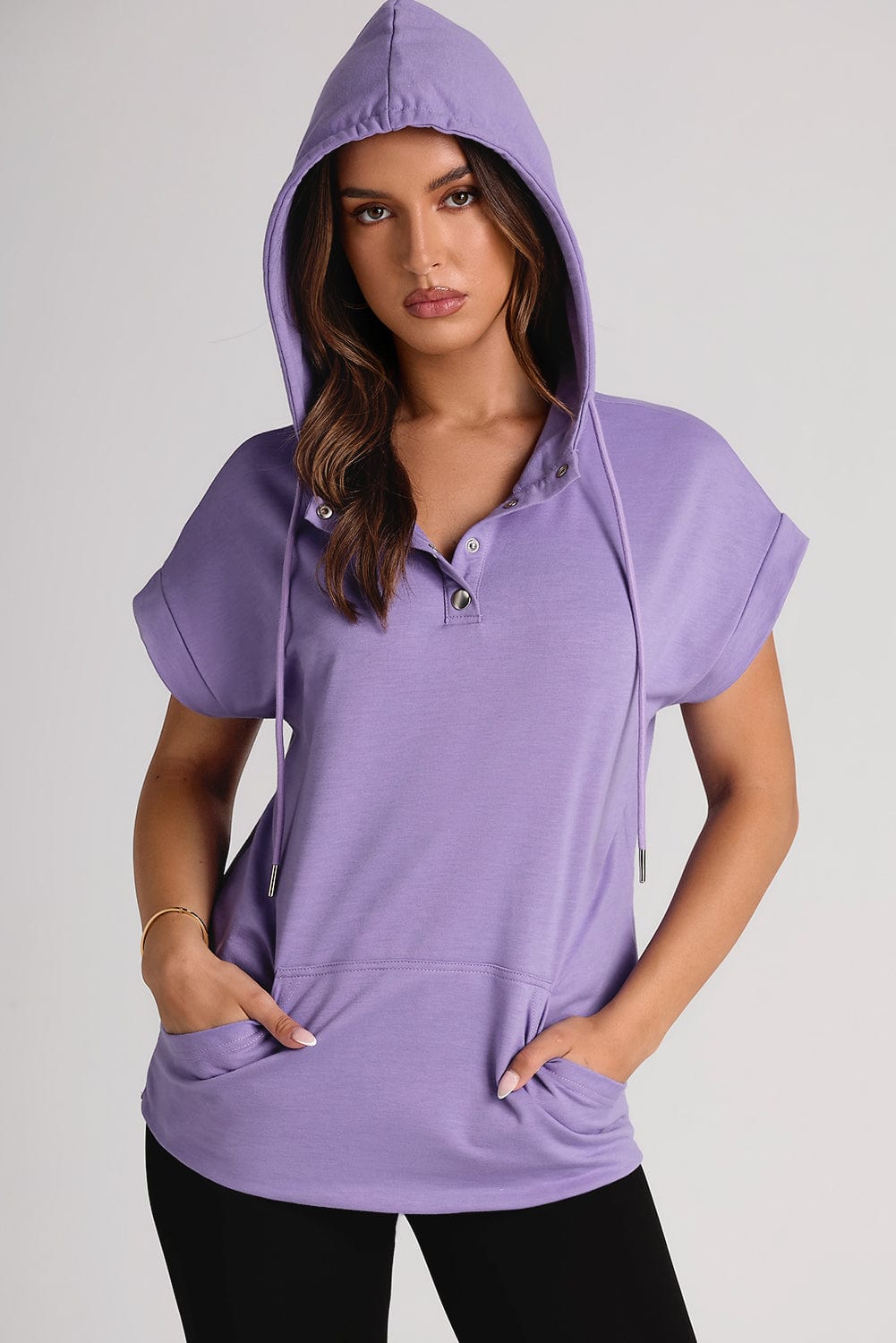 Drawstring Quarter Snap Cap Sleeve Hoodie