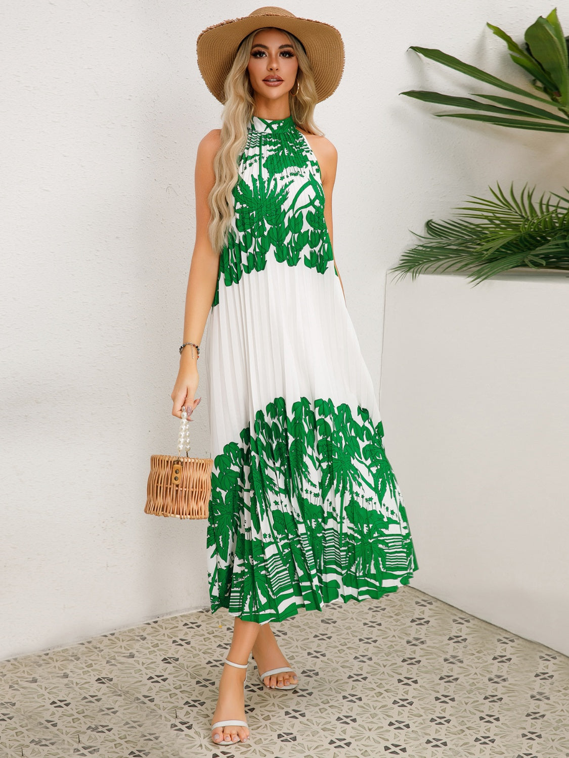 Full Size Tied Printed Sleeveless Midi Dress