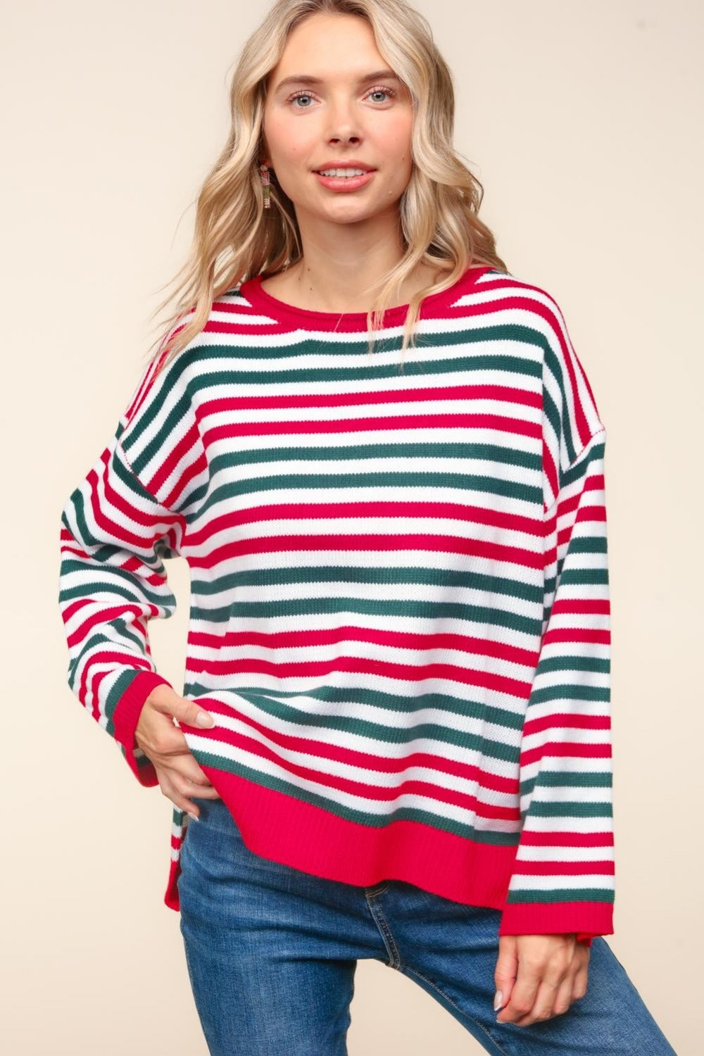 Haptics Full Size Striped Contrast Side Slit Knit Top