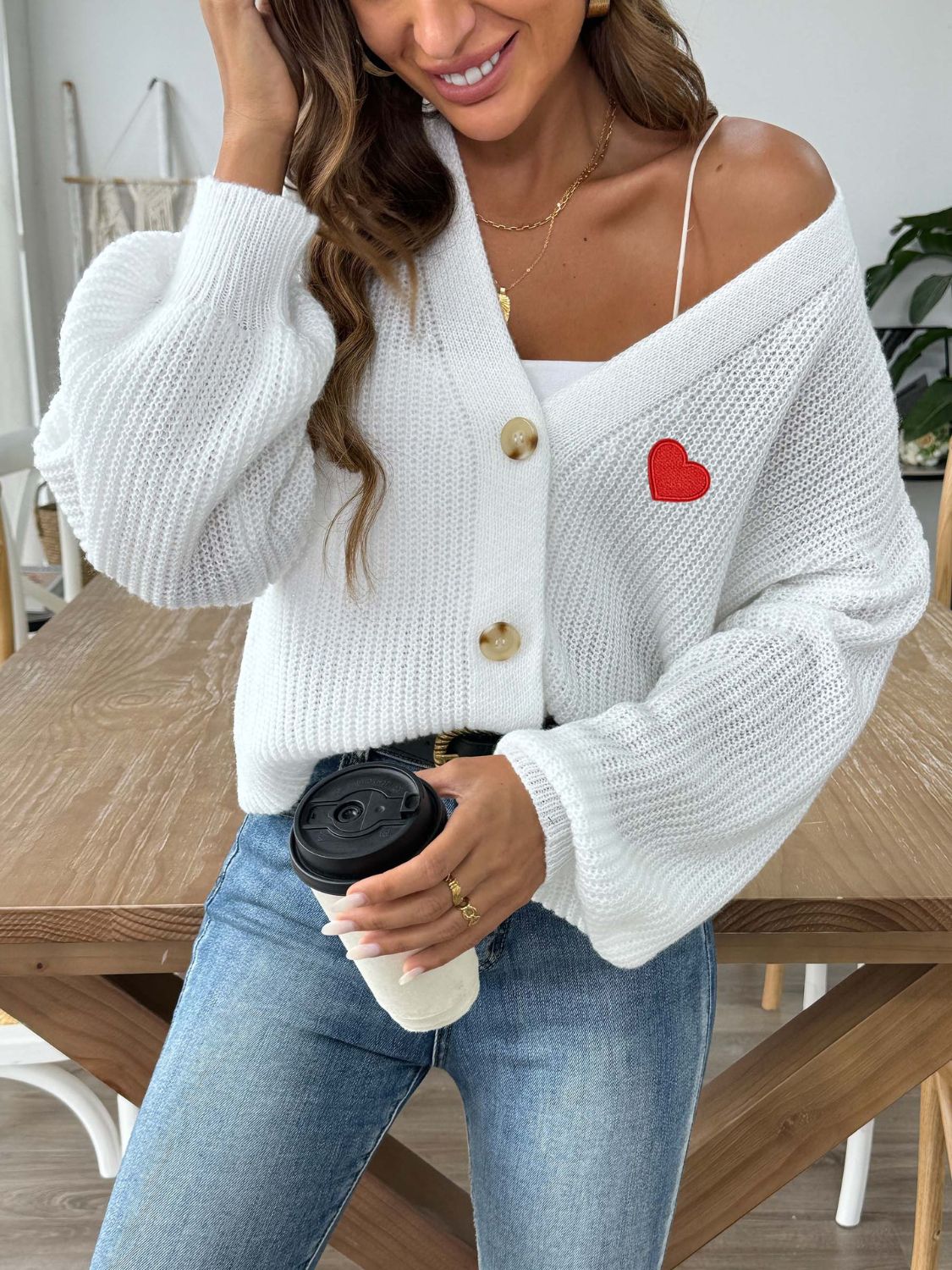 Heart Button Down V-Neck Long Sleeve Cardigan