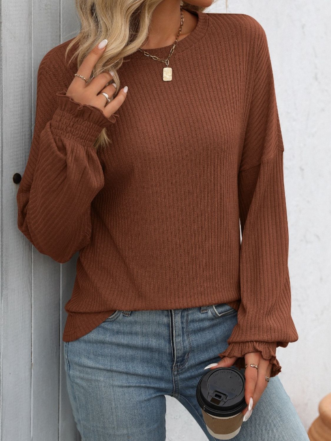 Ribbed Round Neck Long Sleeve T-Shirt