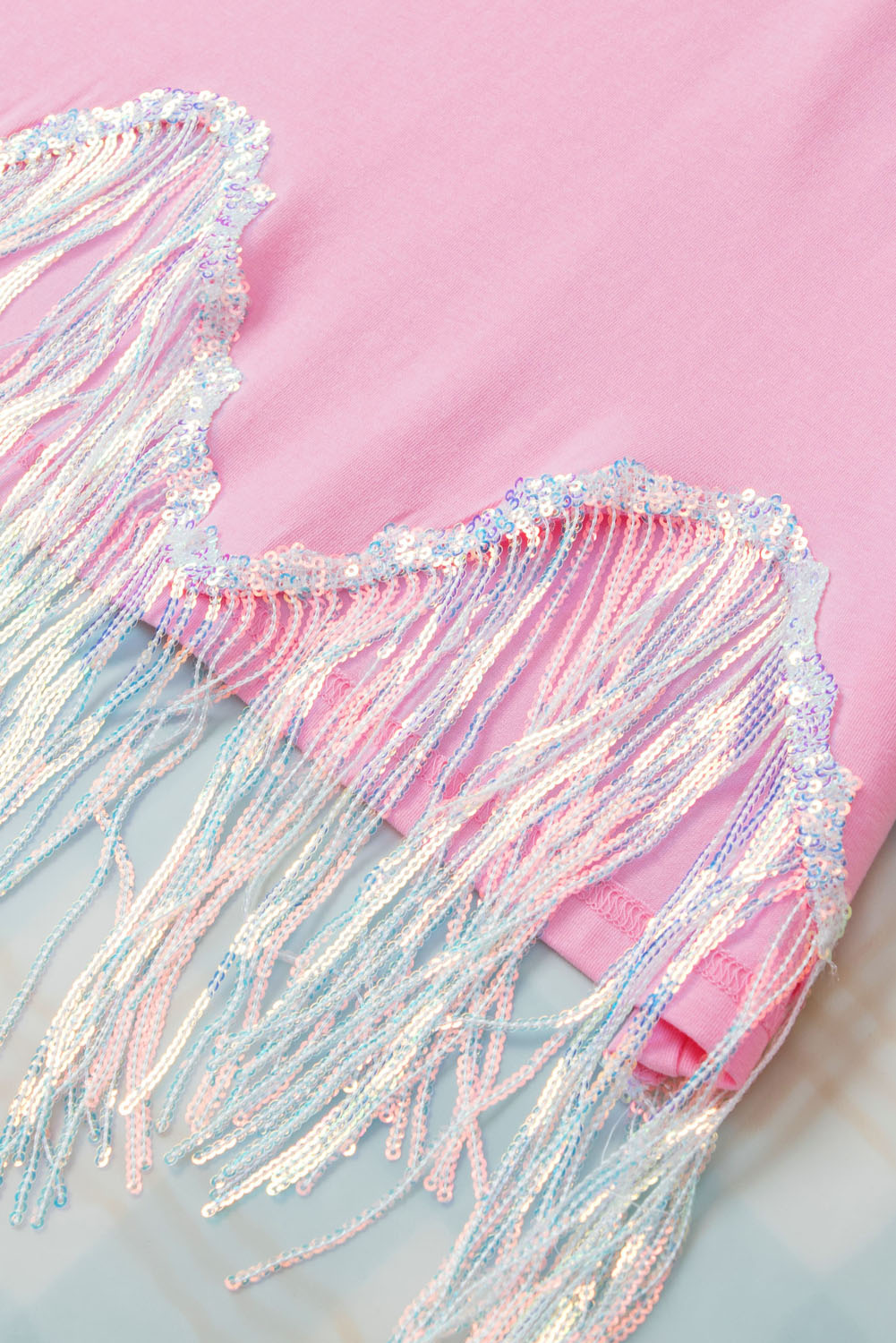 Blush Pink MAMA Sequin Fringe Round Neck T-Shirt