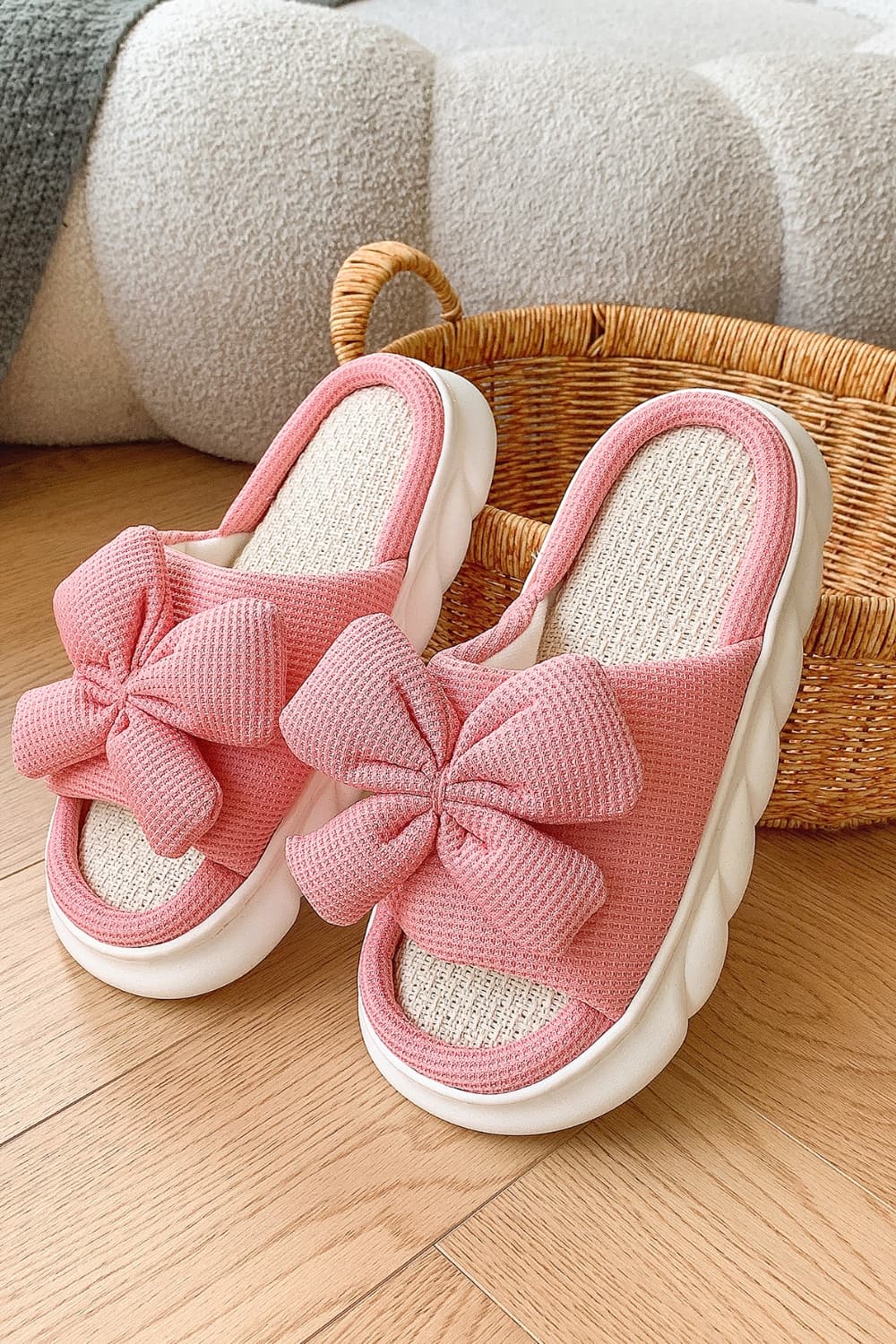 Bow Waffle-Knit Platform Slippers