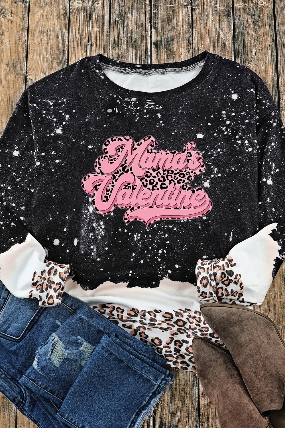 MAMA'S VALENTINE Leopard Round Neck Sweatshirt