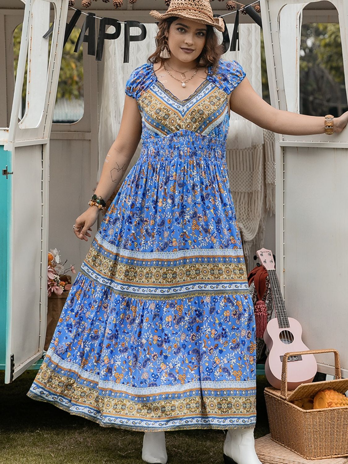 Plus Size Smocked Printed Blue Cap Sleeve Dress