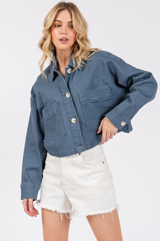 bytos Button Down Cropped Denim Jacket with Patch Pockets