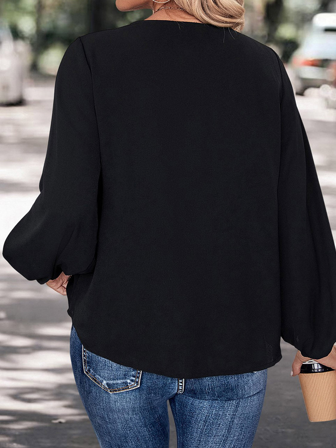 Contrast V-Neck Long Sleeve Blouse