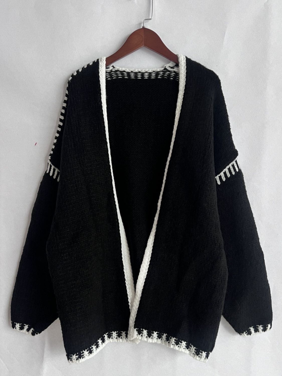 Double Take Contrast Open Front Dropped Shoulder Cardigan