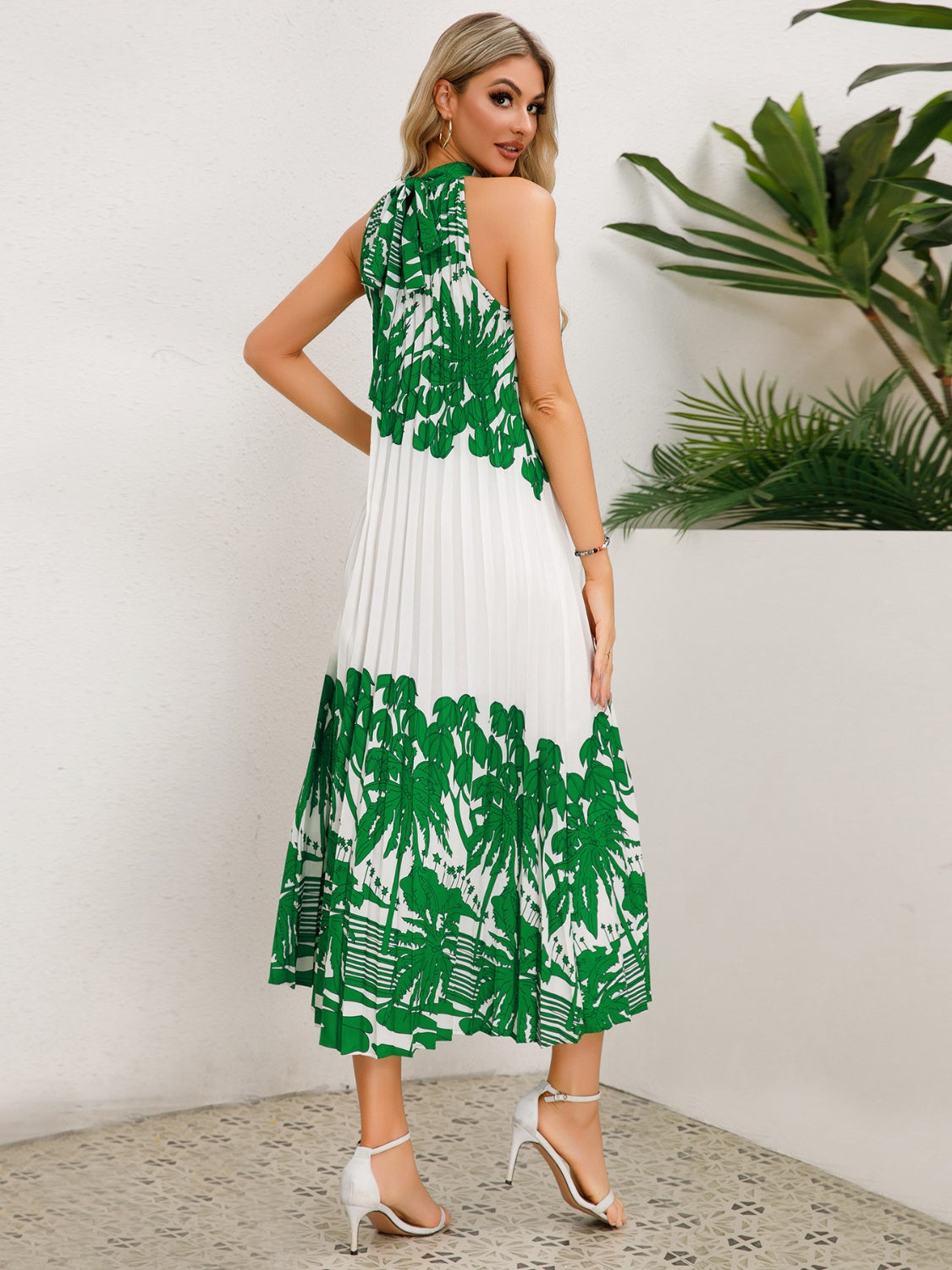 Full Size Tied Printed Sleeveless Midi Dress