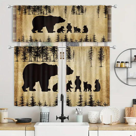 Country Black Bear Wildlife Print Kitchen Curtains | 1pc Valance or 2pc Cafe Curtains Tiers