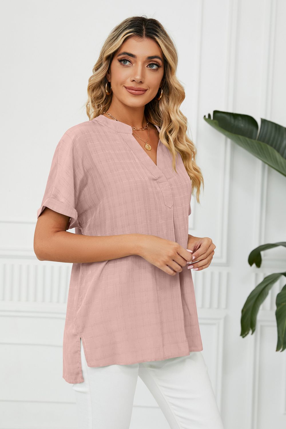 Full Size Side Slit Notched Neck Cuffed Short Sleeve Blouse