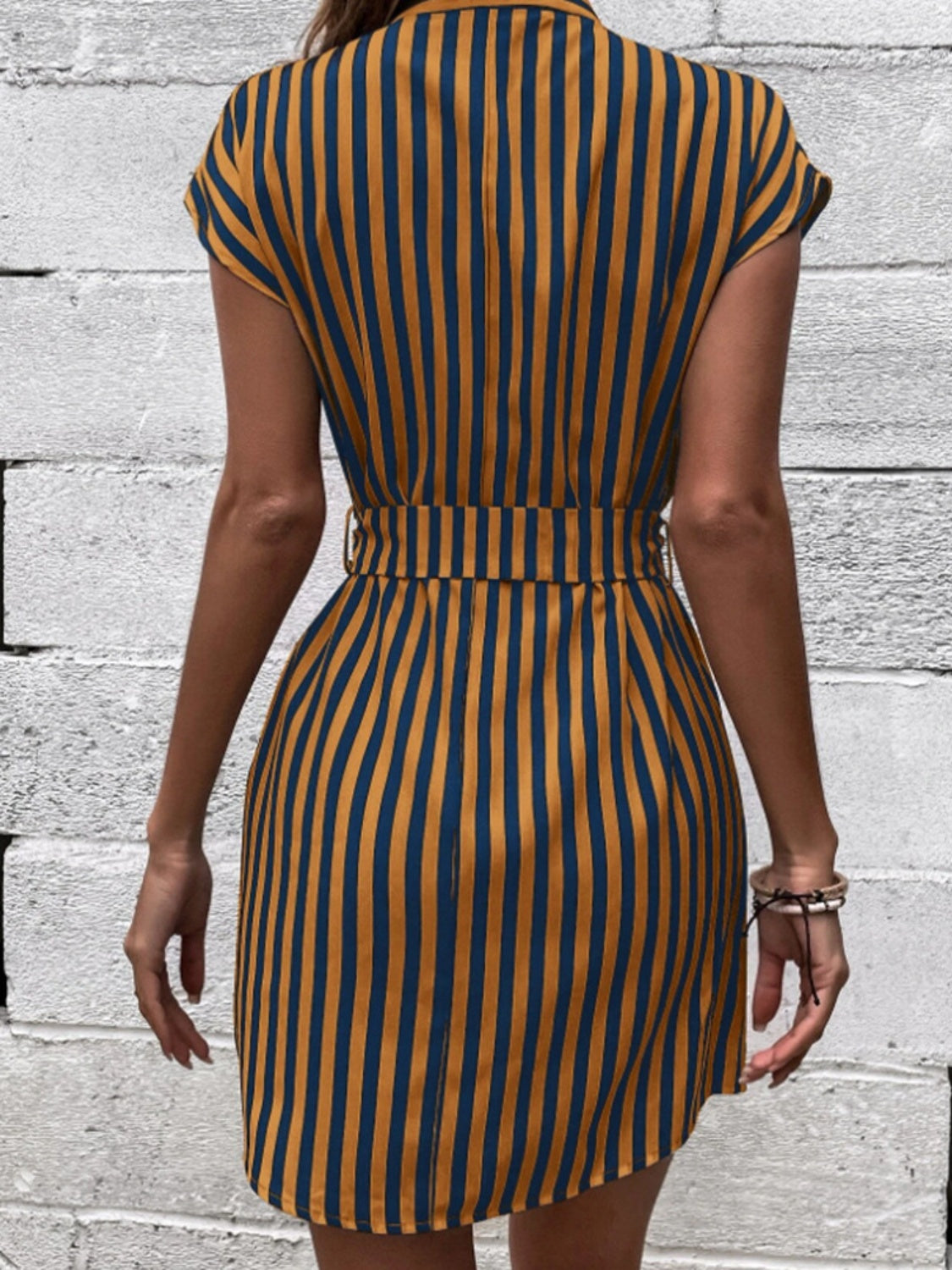 Tied Striped Cap Sleeve Mini Dress