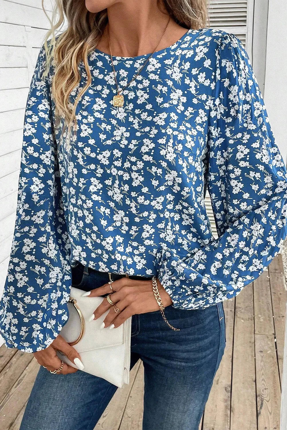 Printed Round Neck Balloon Sleeve Blouse