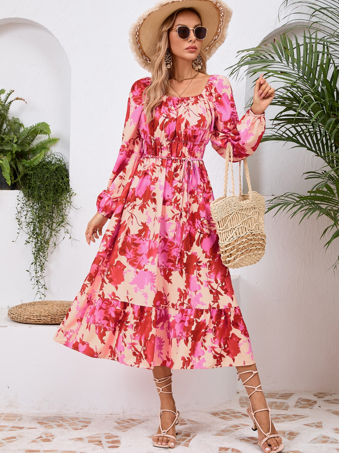 Full Size Printed Long Sleeve Midi Dress