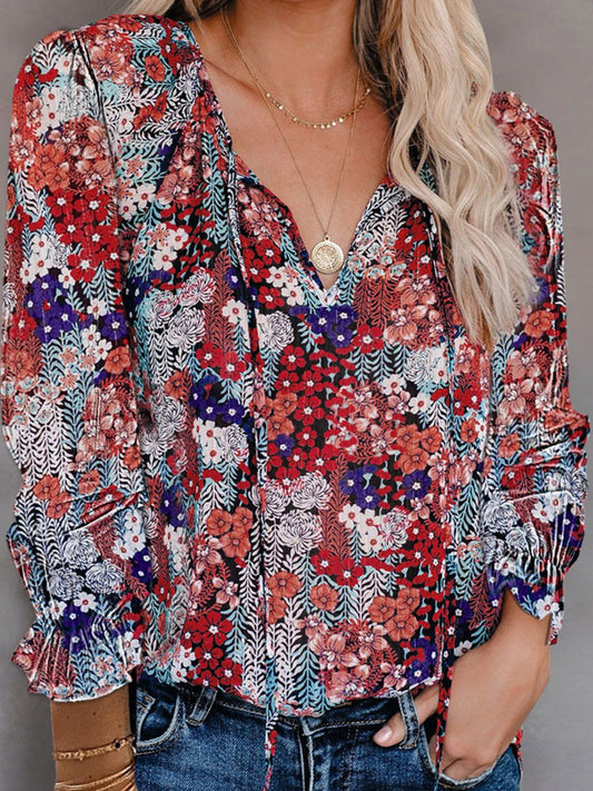 Printed Tie Neck Long Sleeve Blouse